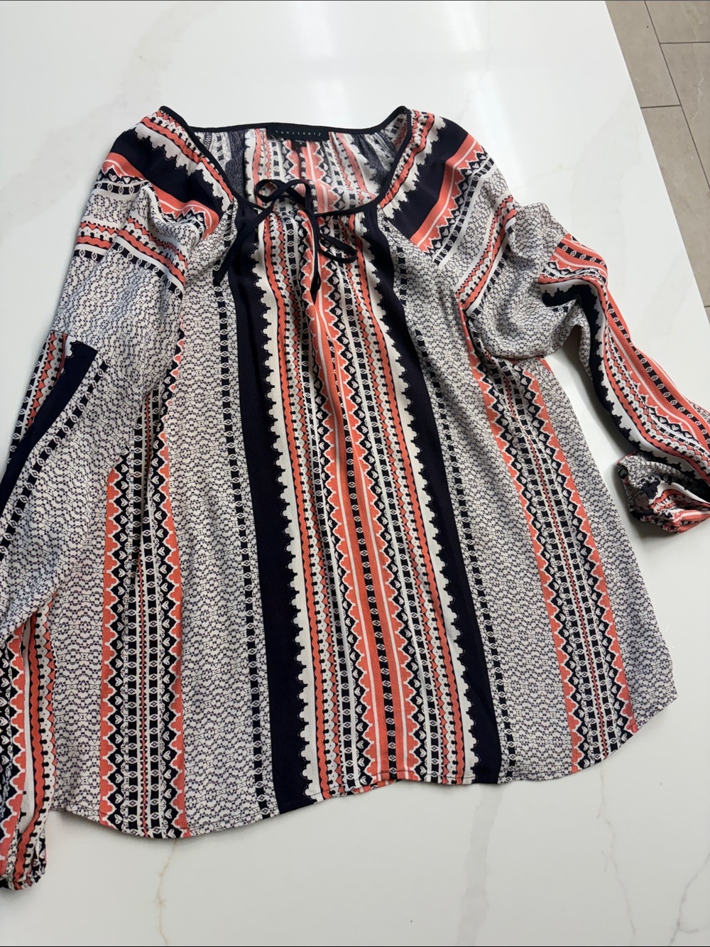 Sanctuary Women’s Boho Stripe Peasant Blouse in Coral, Black & White - Picture 8 of 8